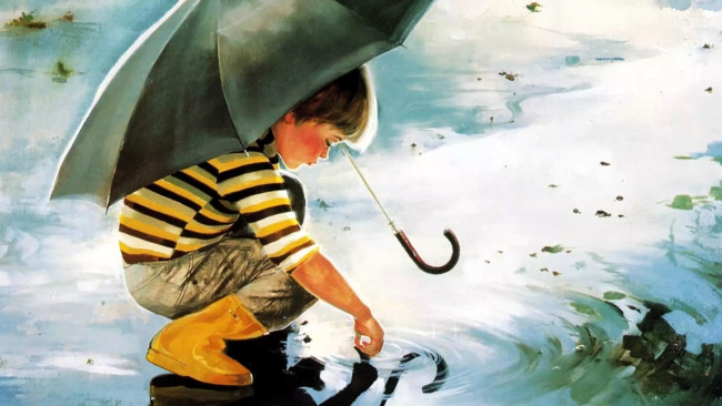Обои картинки фото рисованное, donald zolan, мальчик, зонт, сапоги, лужа