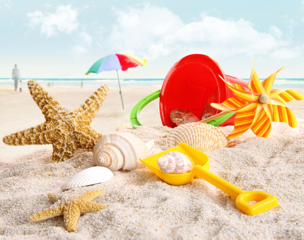 Обои картинки фото разное, ракушки, кораллы, декоративные, spa, камни, савок, зонт, ведёрко, морские, звёзды, игрушки, пляж, песок
