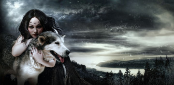 Картинка фэнтези красавицы чудовища девушка волк пейзаж
