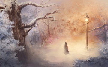 обоя рисованное, природа, туман, фонарь, девочка, лес