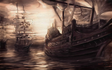 Картинка рисованное живопись море корабли парусники небо паруса