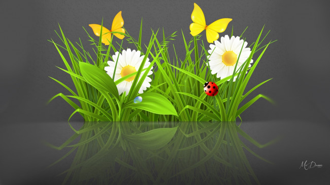 Обои картинки фото векторная графика, природа , nature, трава, жук, лето, цветы, бабочки