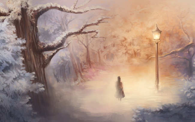 Обои картинки фото рисованное, природа, туман, фонарь, девочка, лес