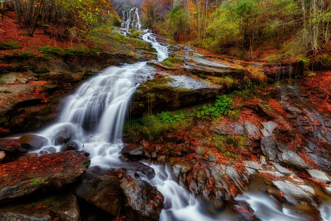 Обои картинки фото природа, водопады, осень, лес, водопад, листья, река