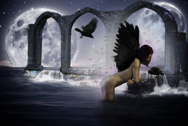 Обои картинки фото фэнтези, фотоарт, фон, крылья, девушка, вода, ворон, луна
