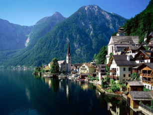 обоя города, гальштат , австрия, горы, озеро
