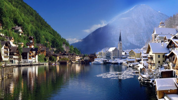 Картинка города гальштат+ австрия зима озеро
