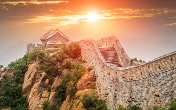 обоя великая китайская стена, города, - исторические,  архитектурные памятники, азия, китай, достопримечательности, закат, великая, китайская, стена