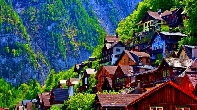 Обои картинки фото города, гальштат , австрия, горы, дома, крыши
