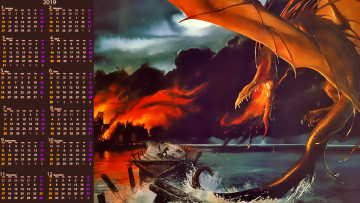 Картинка календари фэнтези водоем пламя дракон