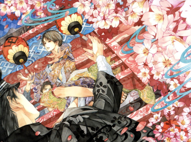 Обои картинки фото аниме, unknown,  другое , цветы, фонари, кимоно, парни