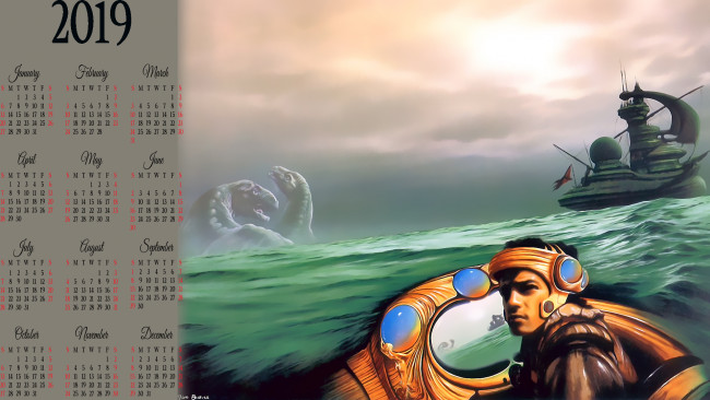 Обои картинки фото календари, фэнтези, мужчина, динозавр, водоем, корабль