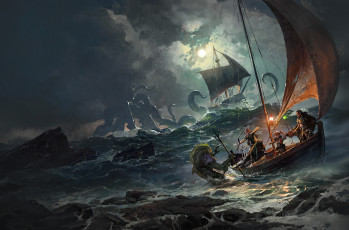Картинка фэнтези иные+миры +иные+времена шлюп корабль фон море шторм битва