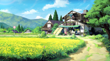 Картинка аниме город +улицы +интерьер +здания дома дорога поляна знак горы