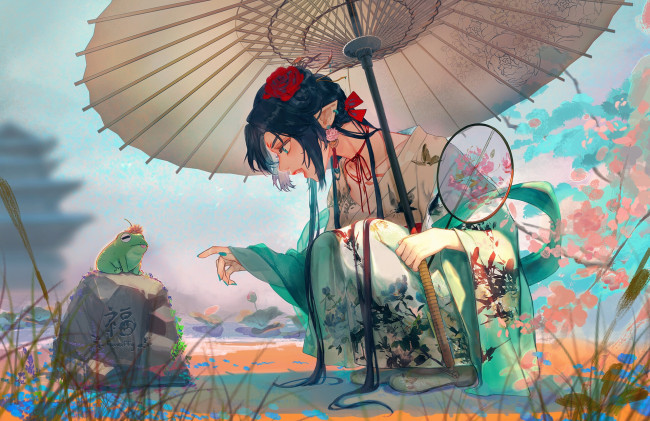 Обои картинки фото аниме, unknown,  другое , девушка, зонт, кимоно, лягушка