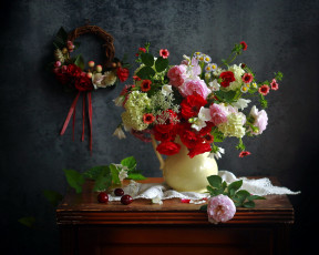 Картинка цветы букеты +композиции кувшин букет розы гортензия колокольчики
