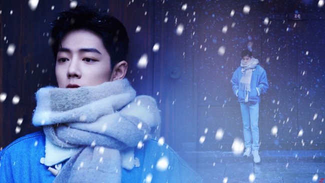 Обои картинки фото мужчины, xiao zhan, актер, шарф, куртка, снег