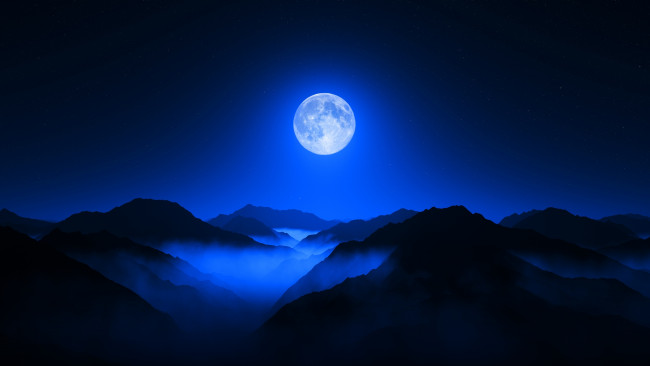 Обои картинки фото природа, горы, ночь, луна, туман