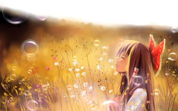 обоя аниме, touhou, девушка, бант, поле, трава, пузыри