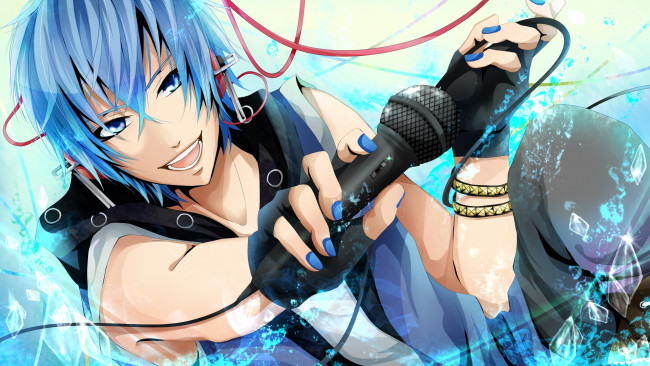 Обои картинки фото kaito, аниме, vocaloid, мужчина, микрофон, наушники