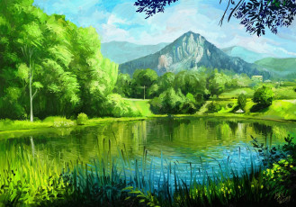Картинка рисованные природа озеро лето трава зелено горы деревья