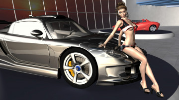 обоя автомобили, 3d car&girl, девушка, взгляд, автомобиль