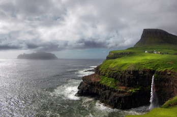 Картинка природа побережье фарерские острова остров гора атлантический океан водопад скалы