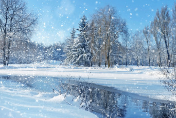 Картинка природа зима деревья пруд снег скамейка