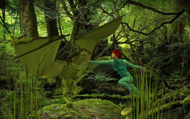 Обои картинки фото 3д графика, фантазия , fantasy, фон, лес, дракон, взгляд, девушка