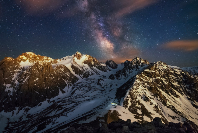 Обои картинки фото природа, горы, лето, ночь, звезды, ледник, богдановича, ольга, кулакова