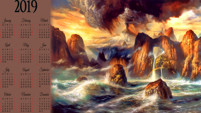 Обои картинки фото календари, фэнтези, пепел, камень, вулкан, водоем