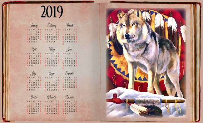 Обои картинки фото календари, рисованные,  векторная графика, перо, волк, книга, снег