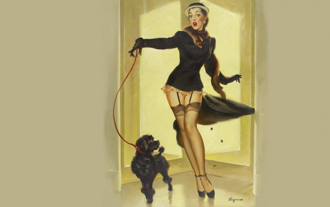 Обои картинки фото рисованное, gil elvgren, девушка, собака, чулки, юбка