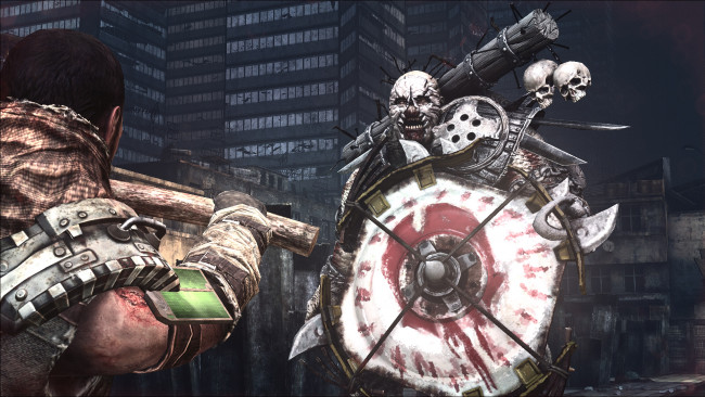 Обои картинки фото видео игры, afterfall,  insanity, человек, оружие, монстр, щит, улица, город