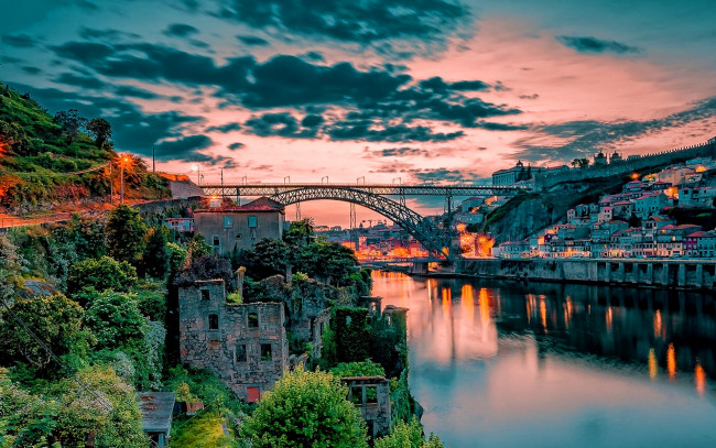 Обои картинки фото города, порту , португалия, река, мост, закат