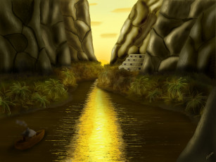 Картинка вверх по реке рисованные природа кораблик река горы