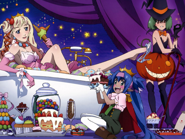 Обои картинки фото аниме, macross, frontier, девушки, конфеты, торт