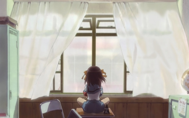 Обои картинки фото аниме, the, melancholy, of, haruhi, suzumiya, девушка, окно