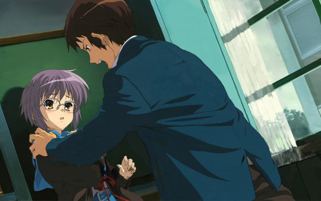 Обои картинки фото аниме, the, melancholy, of, haruhi, suzumiya, мальчик, окно, девушка