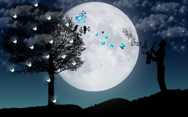 Обои картинки фото векторная, графика, луна, дерево