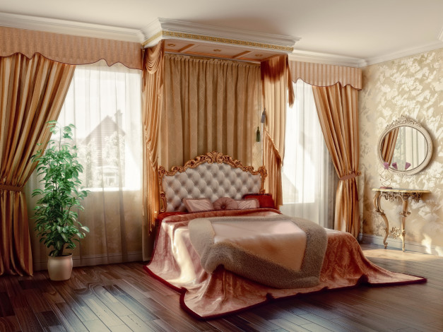 Обои картинки фото 3д графика, реализм , realism, шторы, окно, спальня, дизайн, кровать