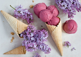 Картинка еда мороженое +десерты вафельные рожки сирень цветы