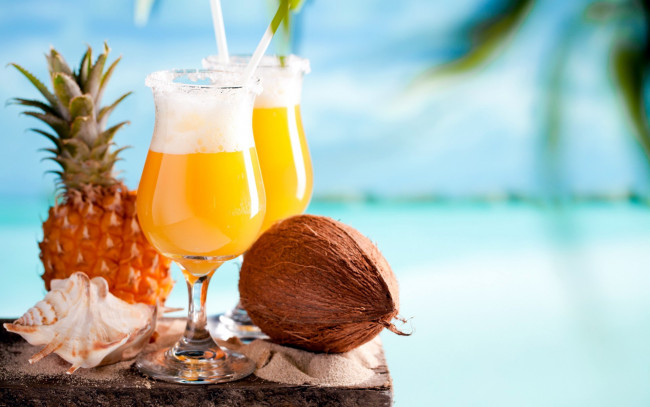 Обои картинки фото еда, напитки,  коктейль, кокос, раковина, ананас