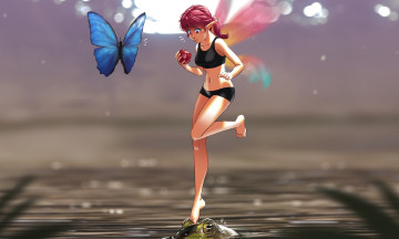 Картинка аниме животные +существа бабочка лягушка фея