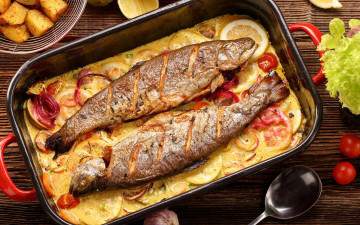 Картинка еда рыбные+блюда +с+морепродуктами seafoods рыба морепродукты помидор fish tomato овощи лимон vegetables