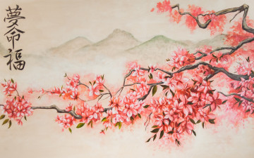 обоя рисованное, цветы, горы, цветение, весна, сакура, арт