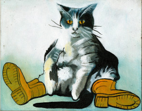 Картинка рисованное животные +коты кот фон сапоги