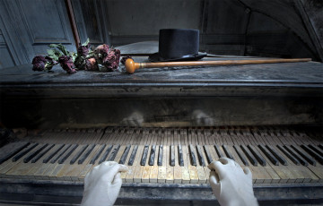 обоя музыка, -музыкальные инструменты, пианино, цветы, трость, шляпа, руки