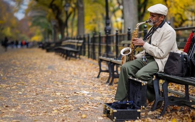 Обои картинки фото музыка, -другое, улица, парк, скамейка, саксофон, мужчина