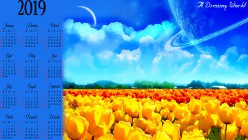 Картинка календари фэнтези 2019 calendar желтый облако цветы тюльпан планета
